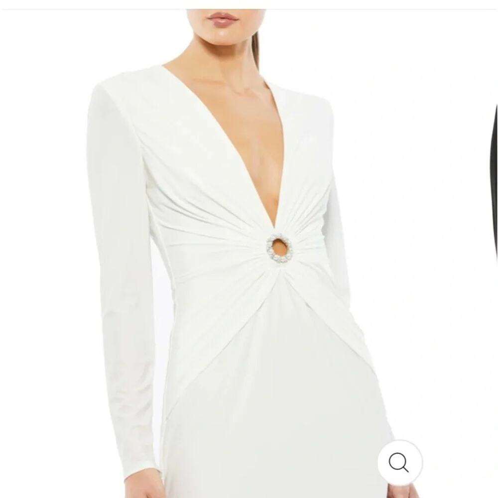 New! Mac Duggal Wms White Jersey Pearl Gathered Long Sleeve Gown Sz 4 $398